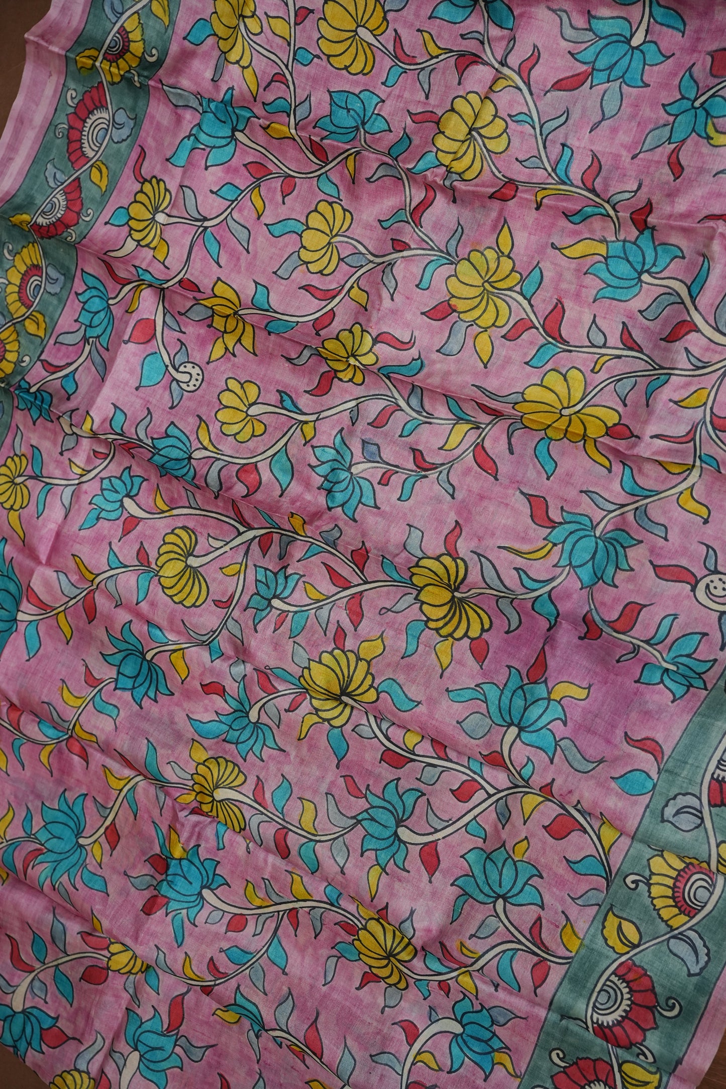 Pure Tussar Silk Saree in Pink & Aqua Blue with Hand Painted Pen Kalamkari Art | Silk Mark Certified