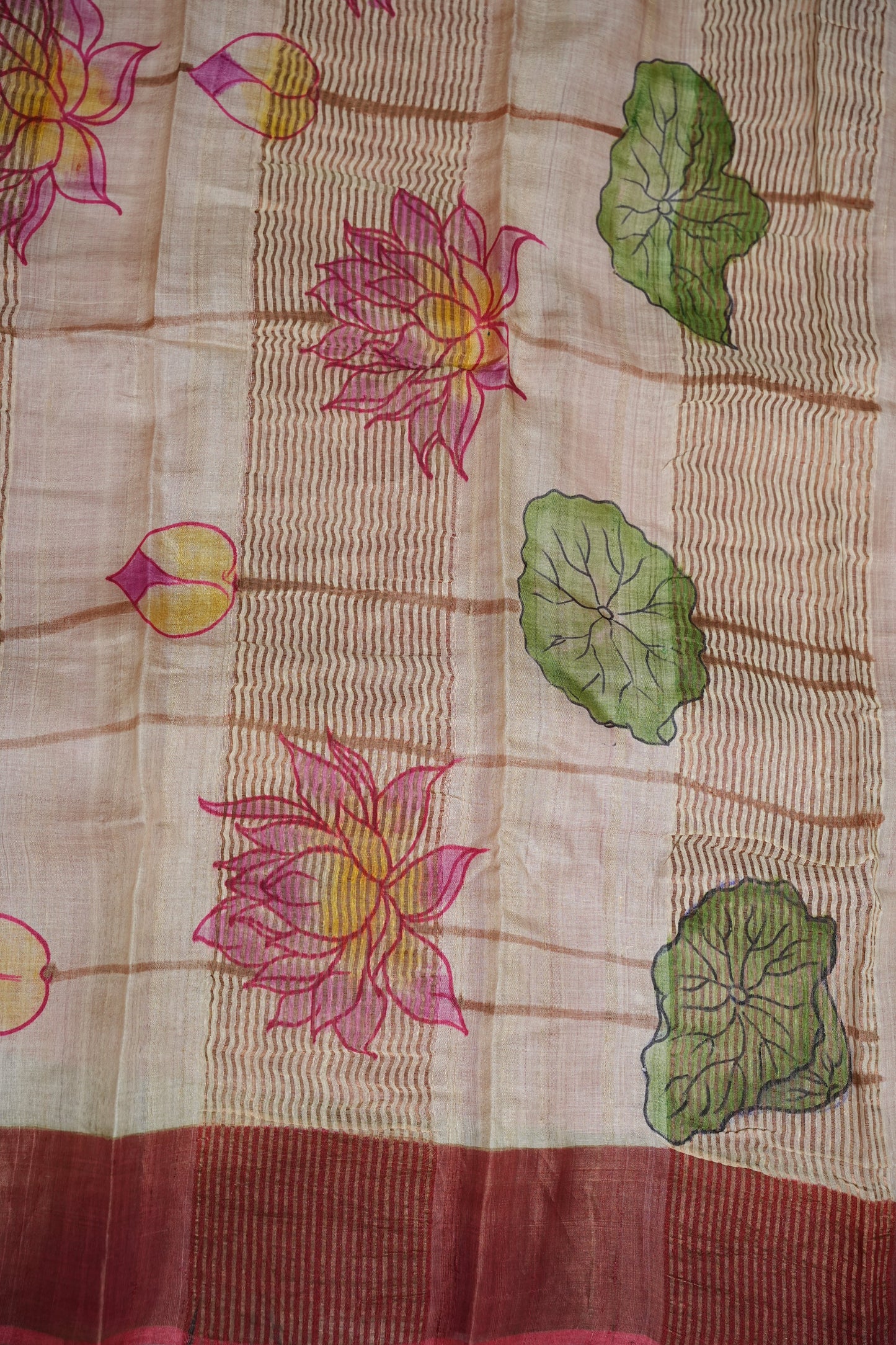 Pure Tussar Silk Saree in Beige with Hand Painted Pen Kalamkari Pichwai Lotus Art | Silk Mark Certified