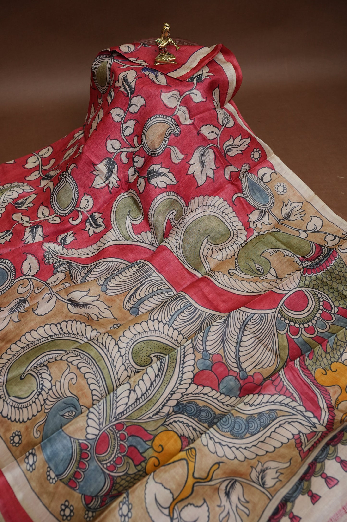 Pure Mulberry Silk Saree in Coral Red with Hand Painted Pen Kalamkari Art | Silk Mark Certified