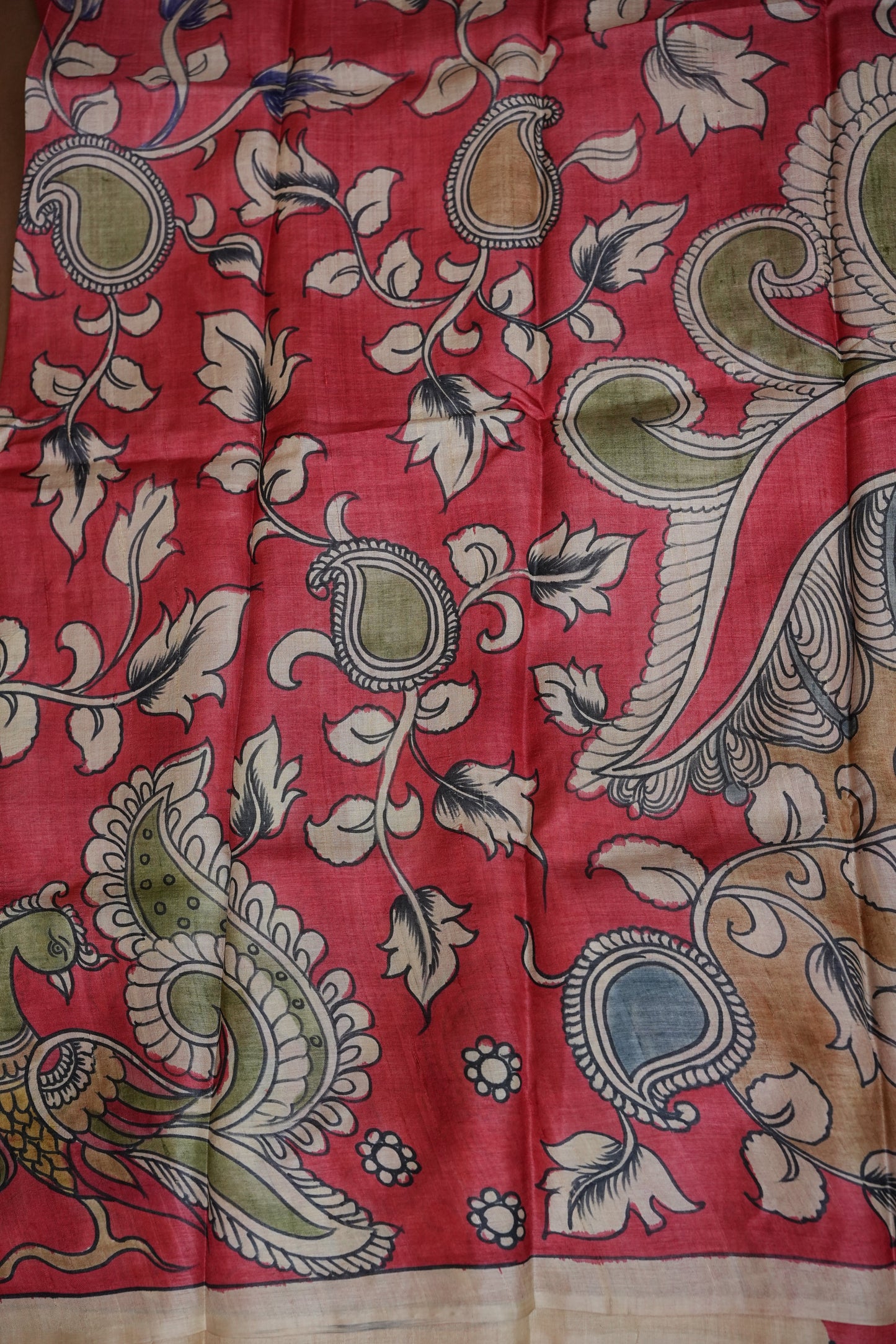 Pure Mulberry Silk Saree in Coral Red with Hand Painted Pen Kalamkari Art | Silk Mark Certified