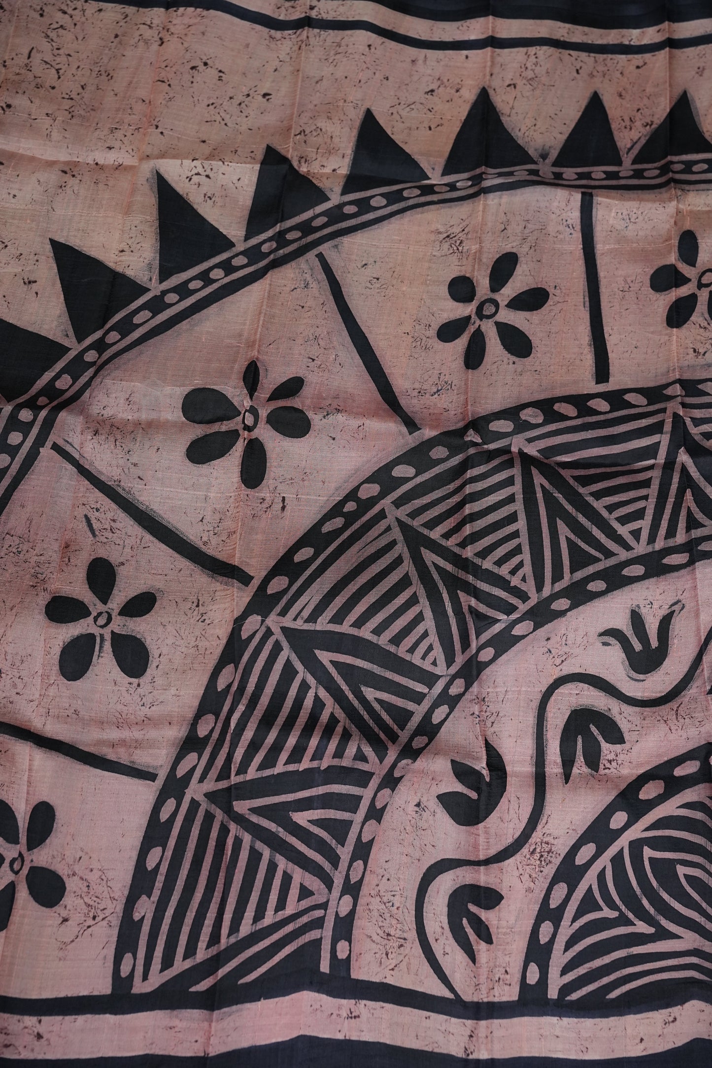 Pure Mulberry Silk Saree in Peach Pink with Handmade Tribal Block Print | Silk Mark Certified