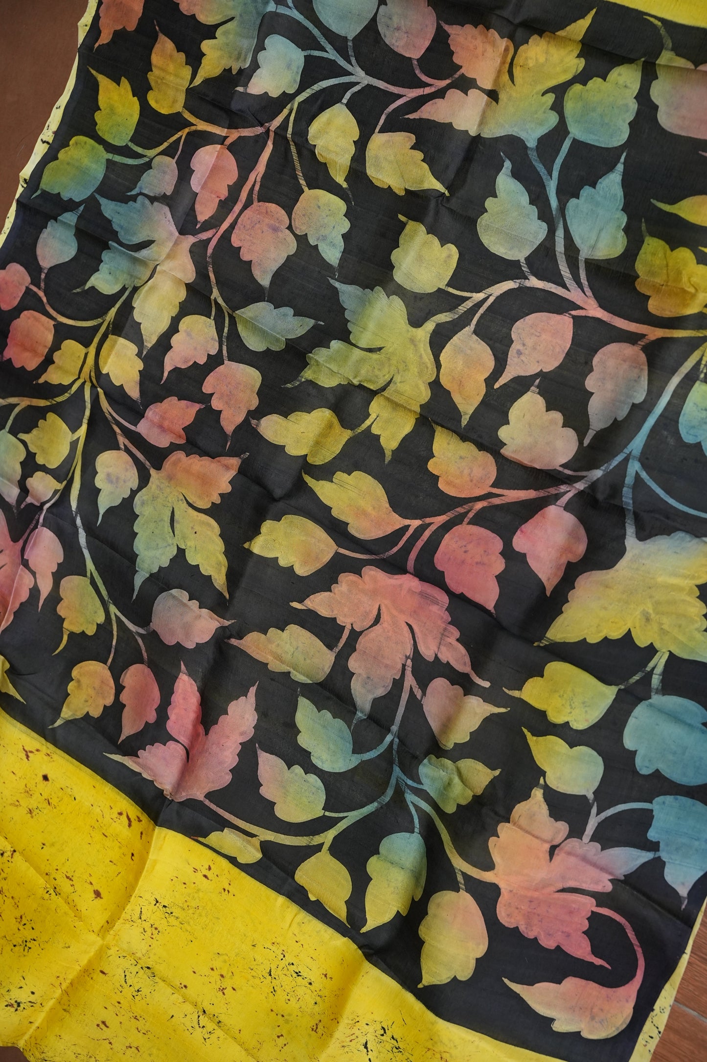 Pure Mulberry Silk Saree in Lemon Yellow with Botanical Batik Print | Silk Mark Certified