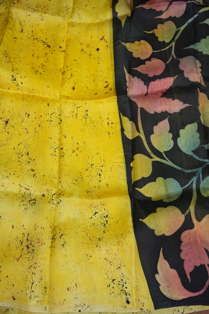 Pure Mulberry Silk Saree in Lemon Yellow with Botanical Batik Print | Silk Mark Certified