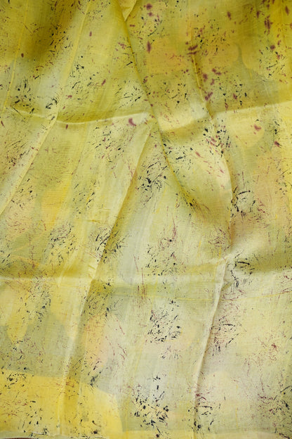 Pure Mulberry Silk Saree in Lemon Yellow with Botanical Batik Print | Silk Mark Certified