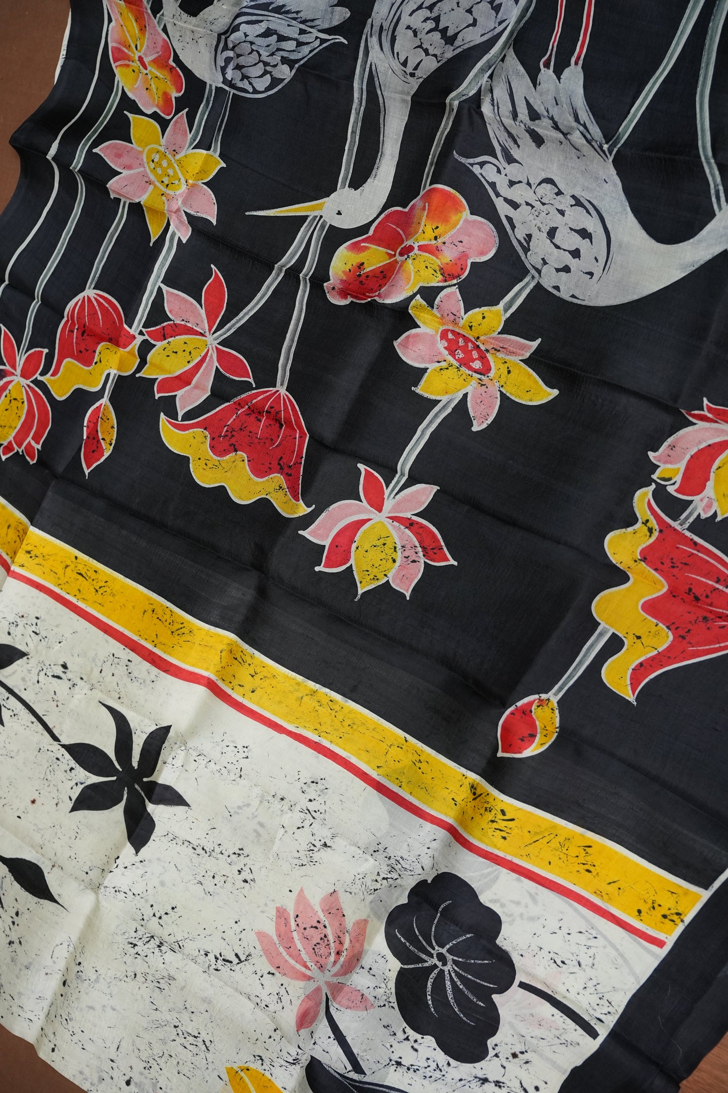 Pure Mulberry Silk Saree in Black & Ivory with Crane & Lotus Batik Print | Silk Mark Certified