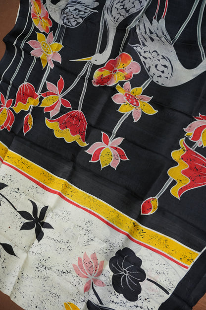 Pure Mulberry Silk Saree in Black & Ivory with Crane & Lotus Batik Print | Silk Mark Certified
