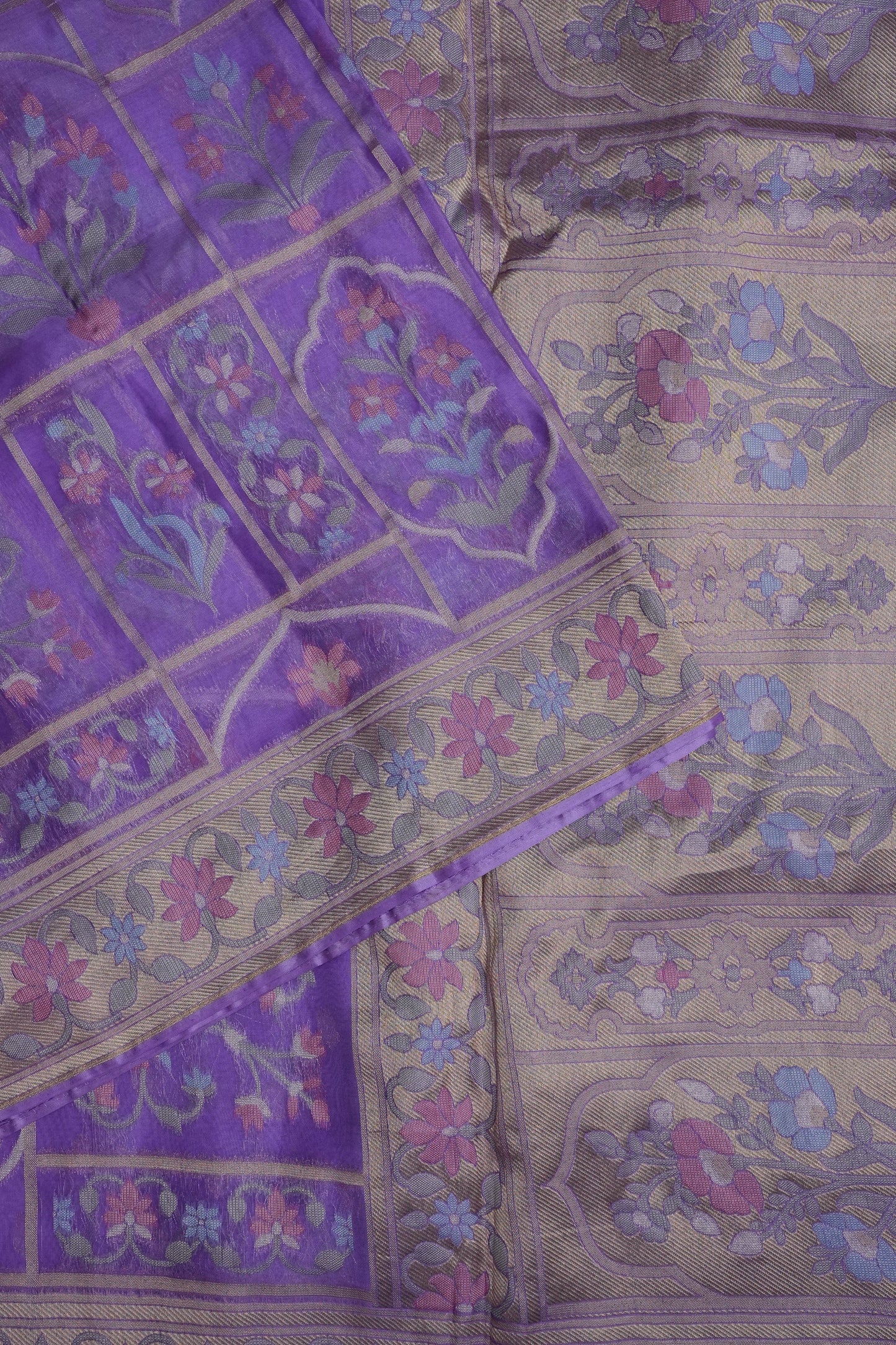 Lavender Woven Floral Tussar Georgette Saree with Zari Border