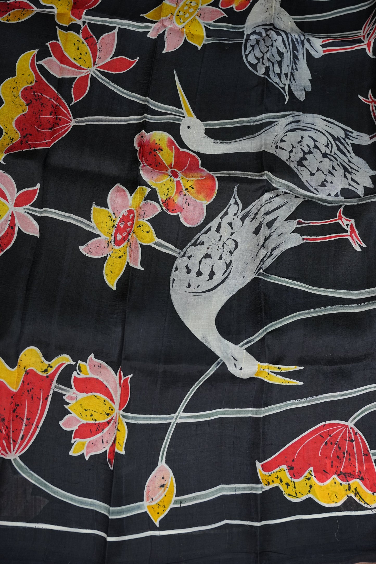 Pure Mulberry Silk Saree in Black & Ivory with Crane & Lotus Batik Print | Silk Mark Certified