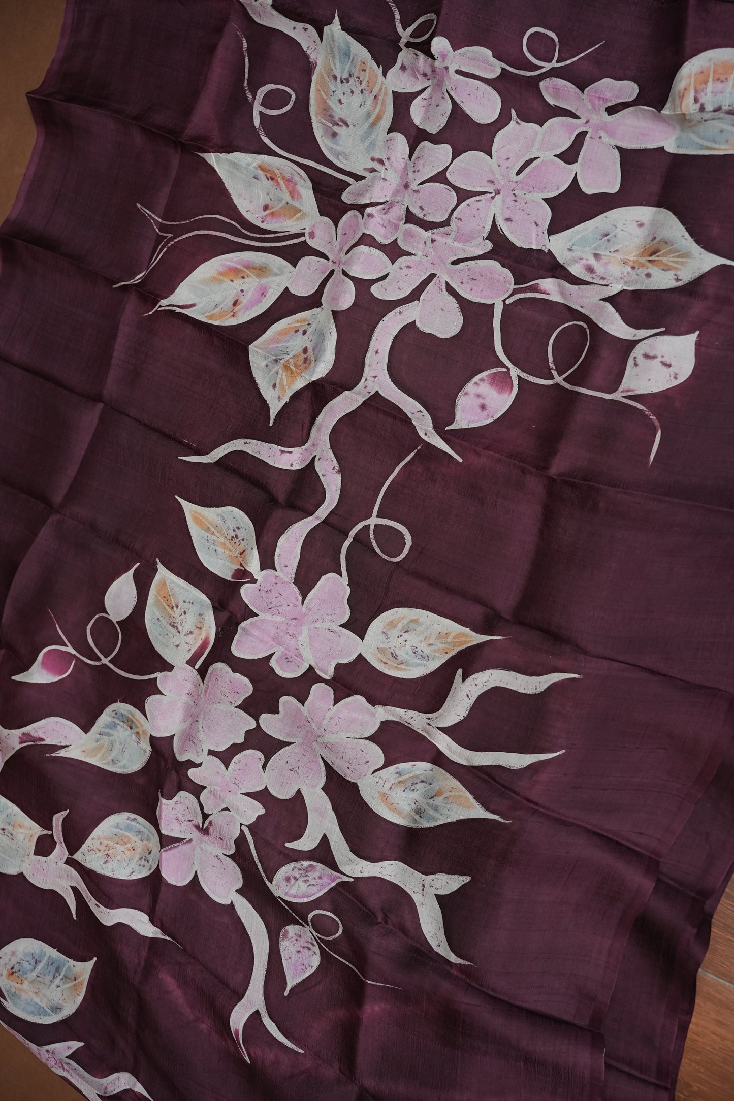 Pure Mulberry Silk Saree in Chocolate Brown with Floral Batik Print | Silk Mark Certified