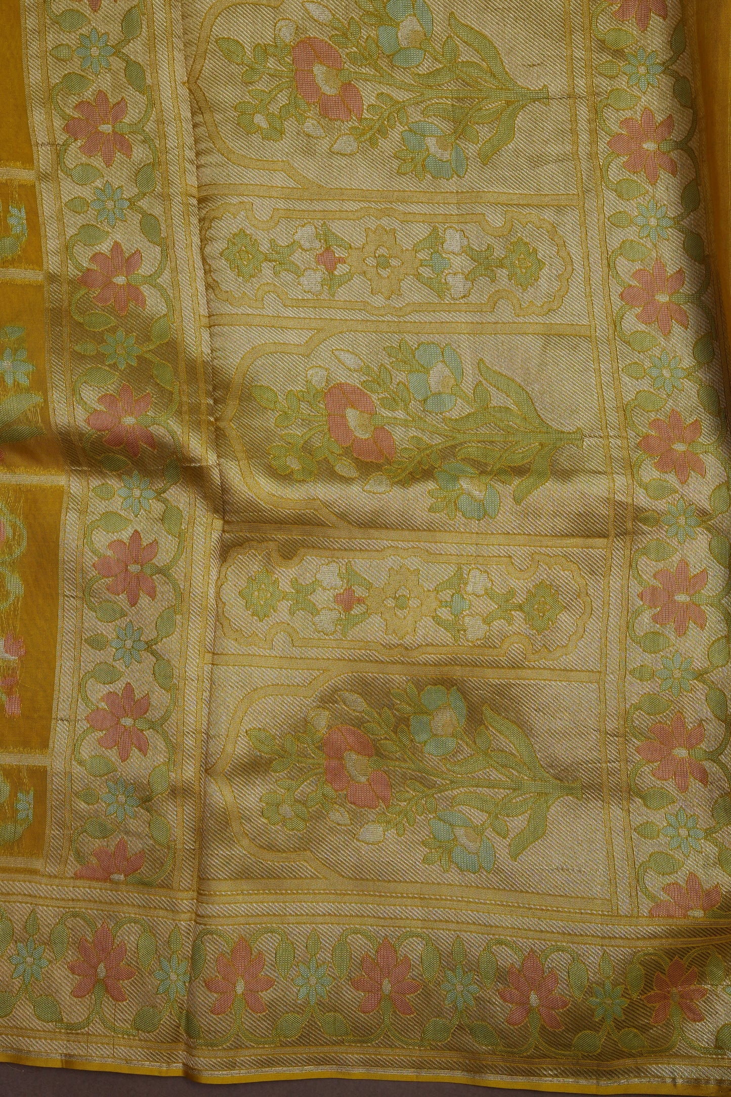 Mustard Yellow Woven Floral Tussar Georgette Saree with Zari Border