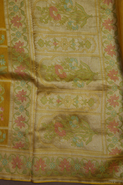 Mustard Yellow Woven Floral Tussar Georgette Saree with Zari Border