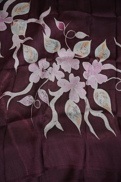 Pure Mulberry Silk Saree in Chocolate Brown with Floral Batik Print | Silk Mark Certified