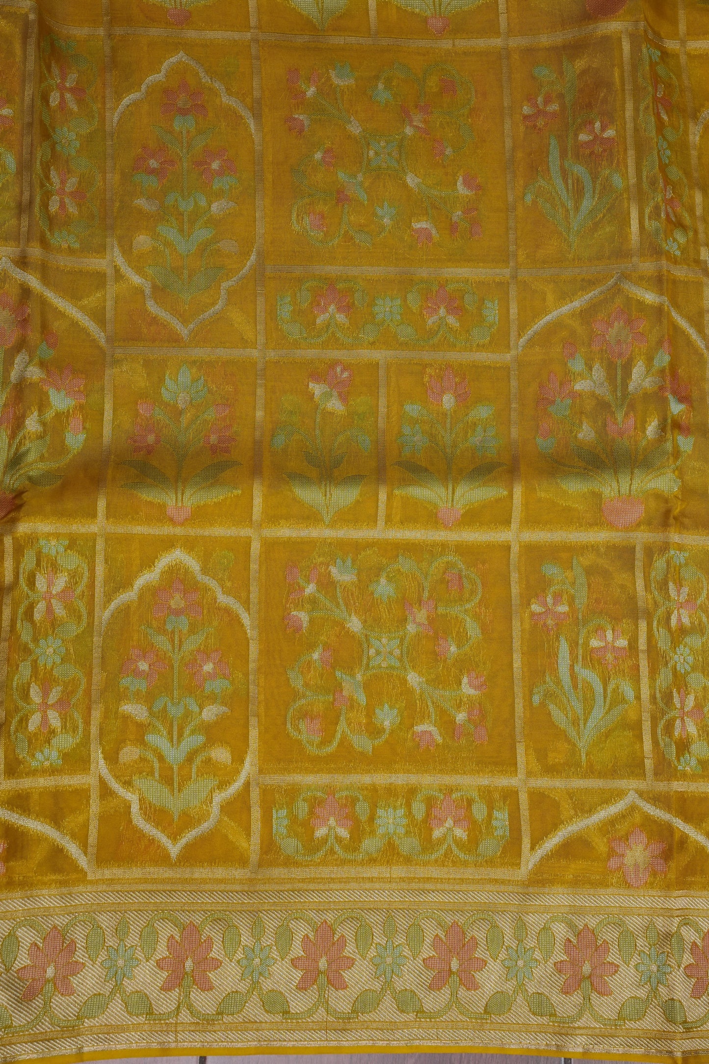 Mustard Yellow Woven Floral Tussar Georgette Saree with Zari Border