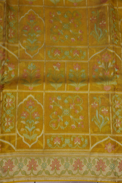 Mustard Yellow Woven Floral Tussar Georgette Saree with Zari Border