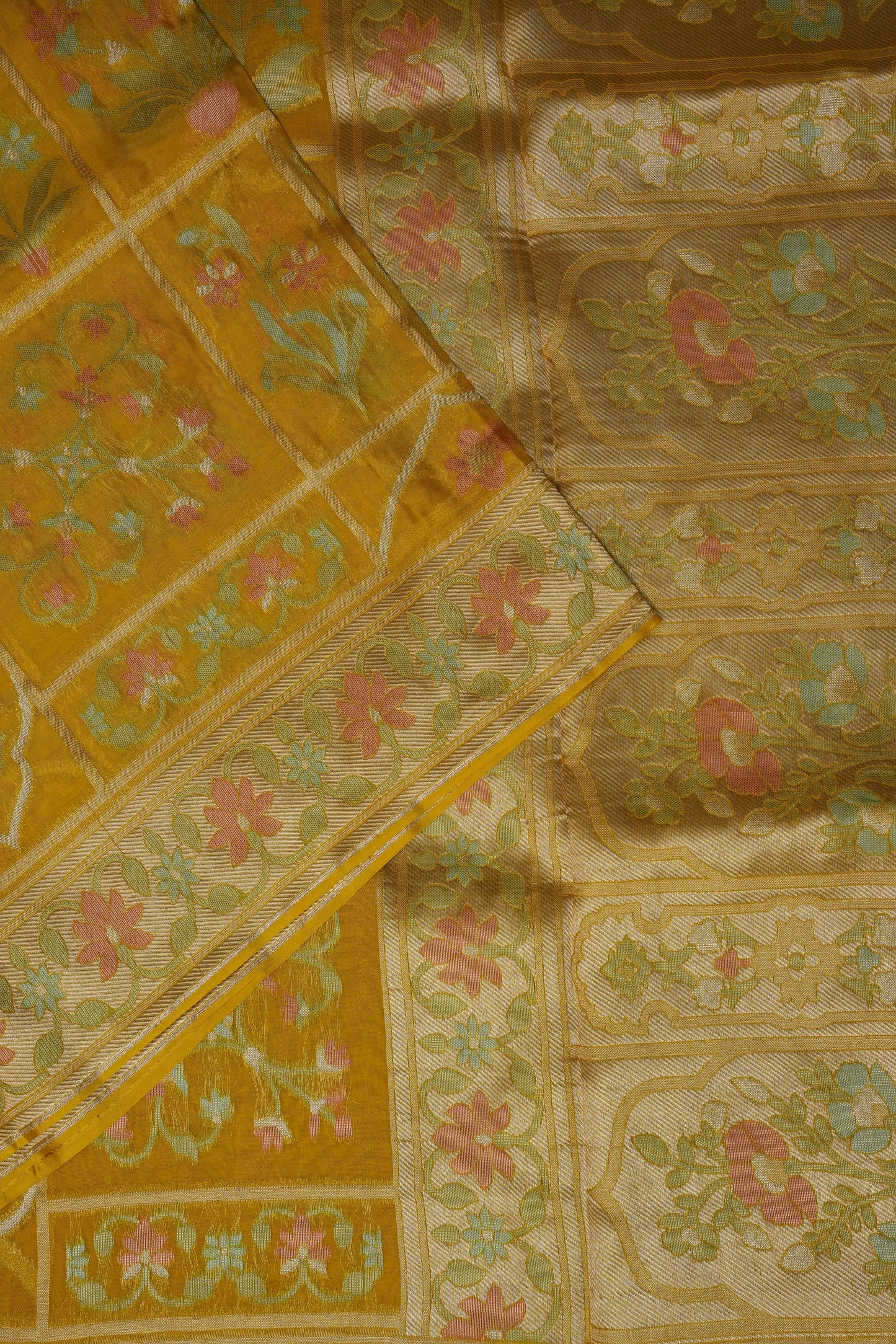 Mustard Yellow Woven Floral Tussar Georgette Saree with Zari Border