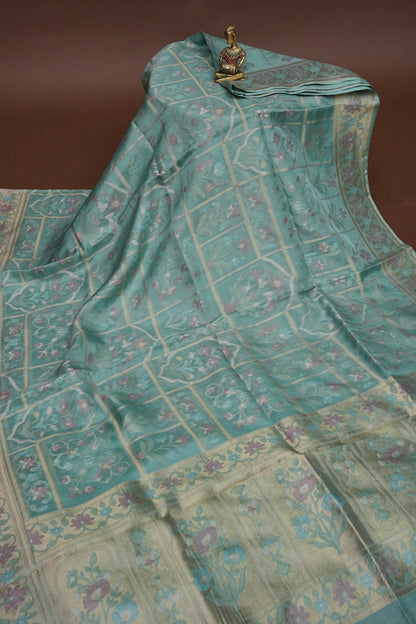 Sea Green Woven Floral Tussar Georgette Saree with Zari Border