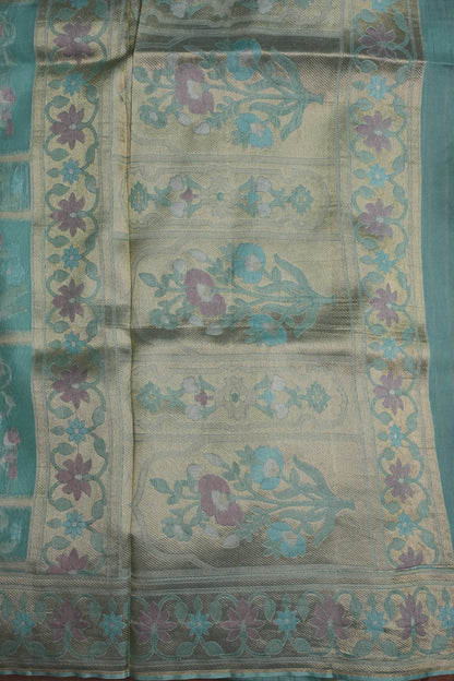 Sea Green Woven Floral Tussar Georgette Saree with Zari Border