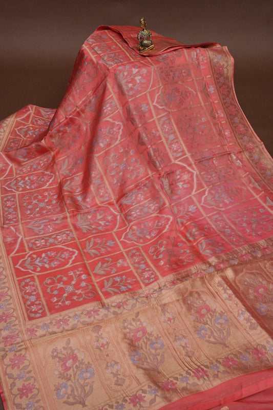 Coral Pink Woven Floral Tussar Georgette Saree with Zari Border