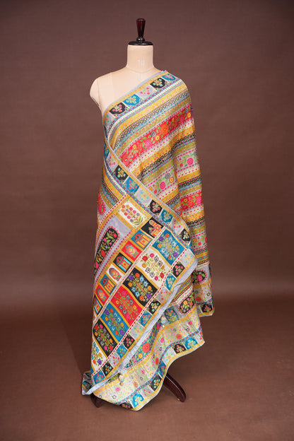 Kashmiri Pashmina Banarasi Story Telling Saree -Multicolor on Grey