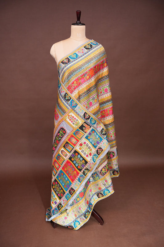 Kashmiri Pashmina Banarasi Story Telling Saree -Multicolor on Grey