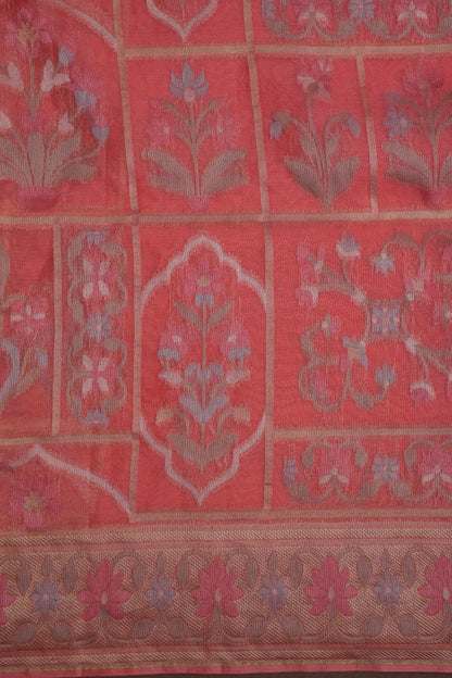 Coral Pink Woven Floral Tussar Georgette Saree with Zari Border