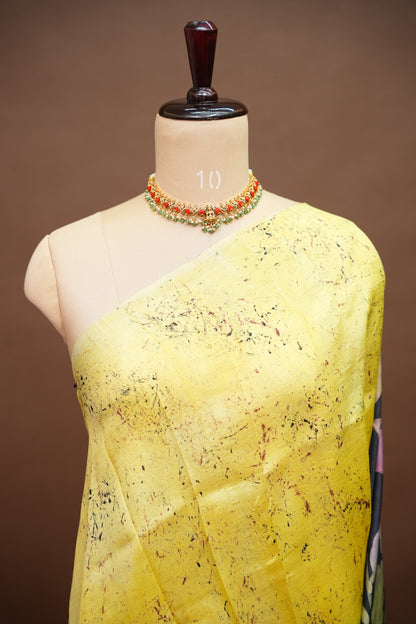 Pure Mulberry Silk Saree in Lemon Yellow with Botanical Batik Print | Silk Mark Certified