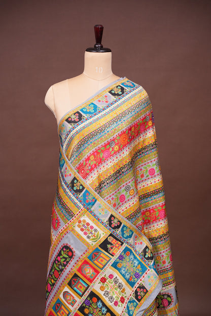 Kashmiri Pashmina Banarasi Story Telling Saree -Multicolor on Grey