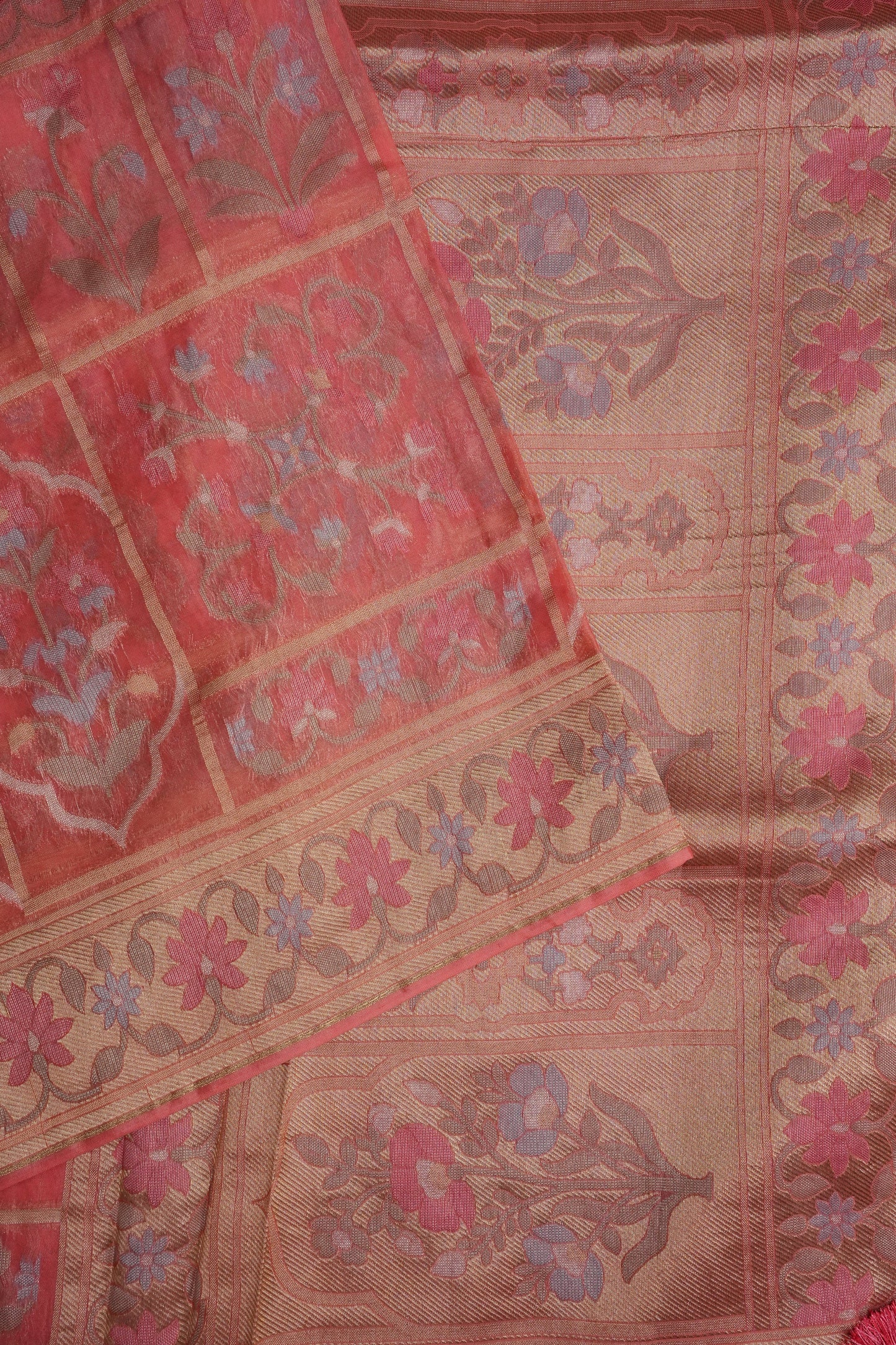 Coral Pink Woven Floral Tussar Georgette Saree with Zari Border