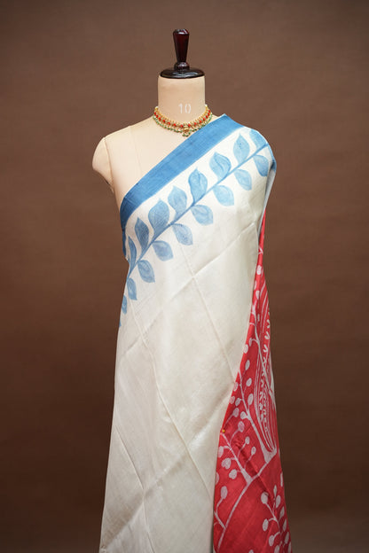 Pure Mulberry Silk Saree in Half White with Handmade Block Print | Silk Mark Certified