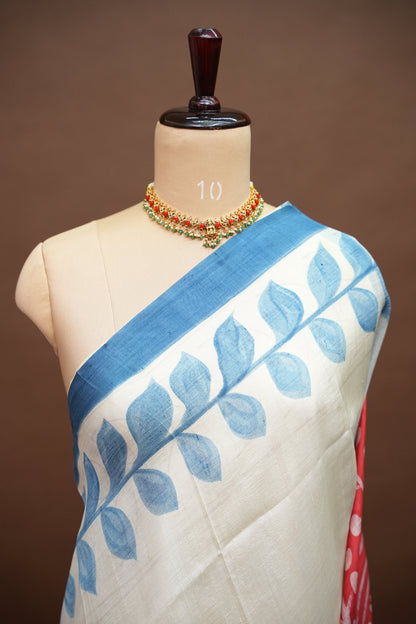 Pure Mulberry Silk Saree in Half White with Handmade Block Print | Silk Mark Certified