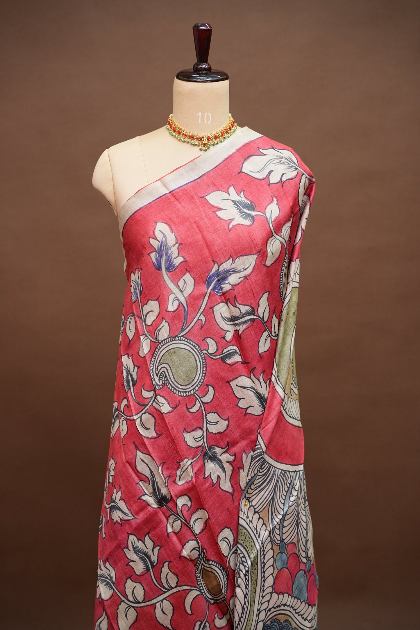 Pure Mulberry Silk Saree in Coral Red with Hand Painted Pen Kalamkari Art | Silk Mark Certified