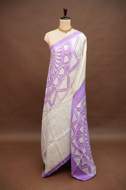 Pure Mulberry Silk Saree in Ivory with Lavender Mandala Batik Print | Silk Mark Certified