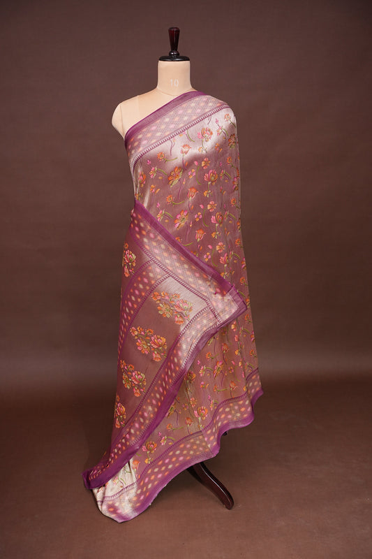Kashmiri Pashmina Mellow Tissue Banarasi Saree - Wine