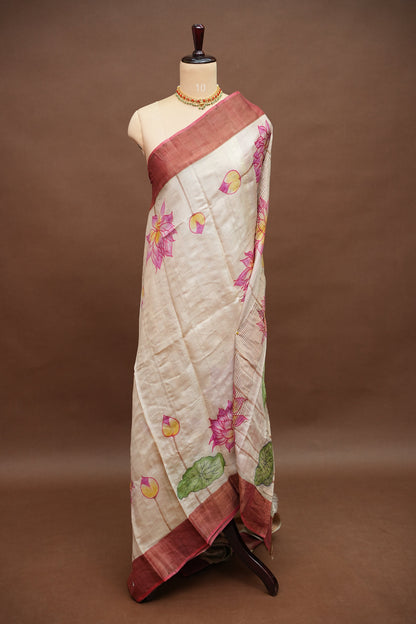 Pure Tussar Silk Saree in Beige with Hand Painted Pen Kalamkari Pichwai Lotus Art | Silk Mark Certified