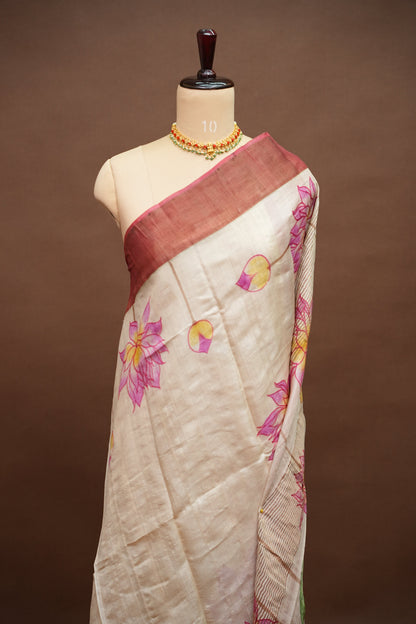 Pure Tussar Silk Saree in Beige with Hand Painted Pen Kalamkari Pichwai Lotus Art | Silk Mark Certified