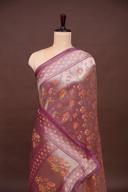 Kashmiri Pashmina Mellow Tissue Banarasi Saree - Wine