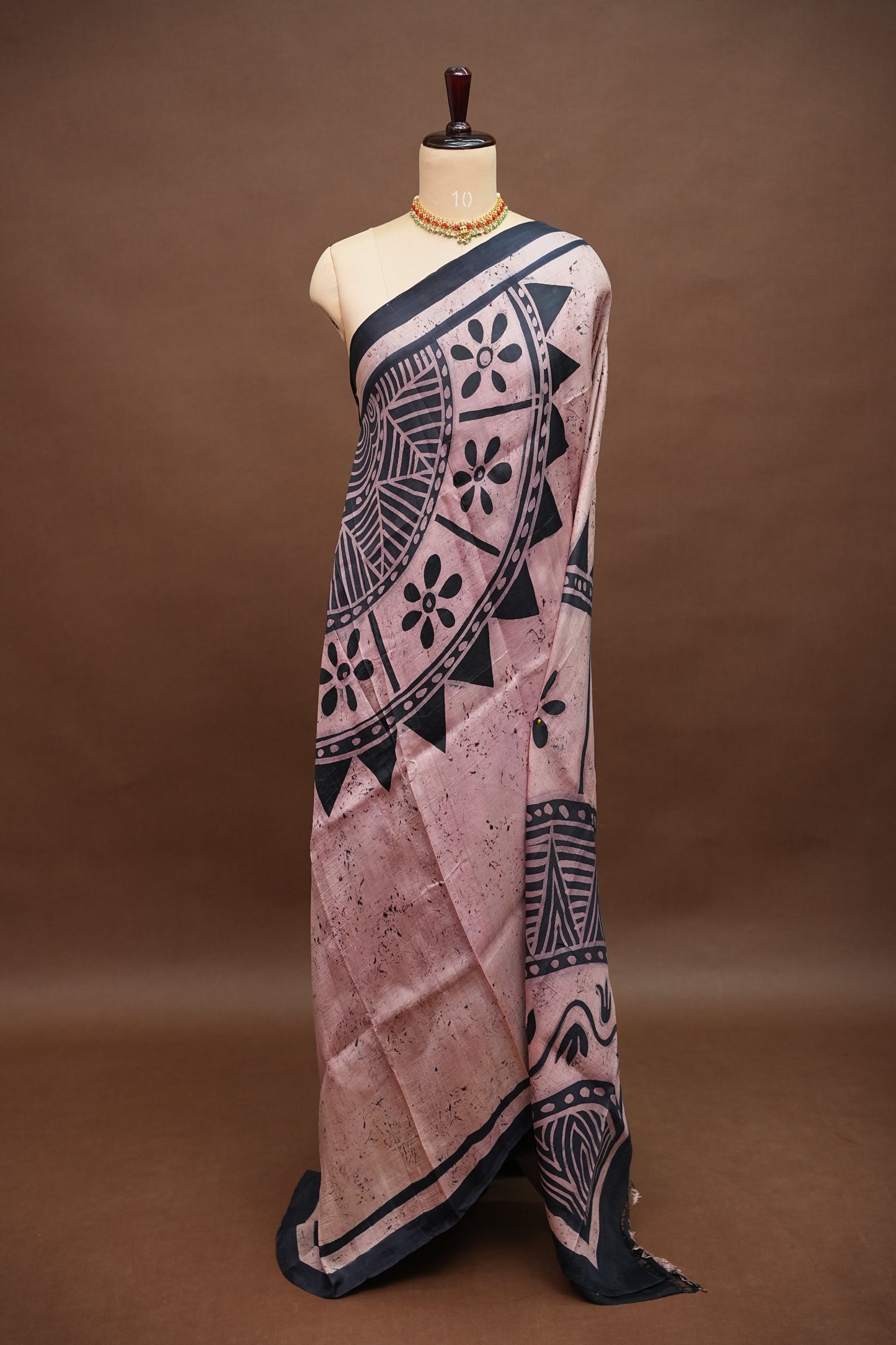 Pure Mulberry Silk Saree in Peach Pink with Handmade Tribal Block Print | Silk Mark Certified
