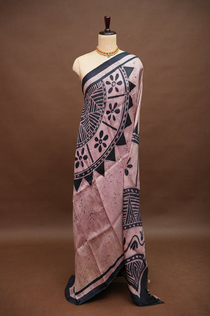 Pure Mulberry Silk Saree in Peach Pink with Handmade Tribal Block Print | Silk Mark Certified