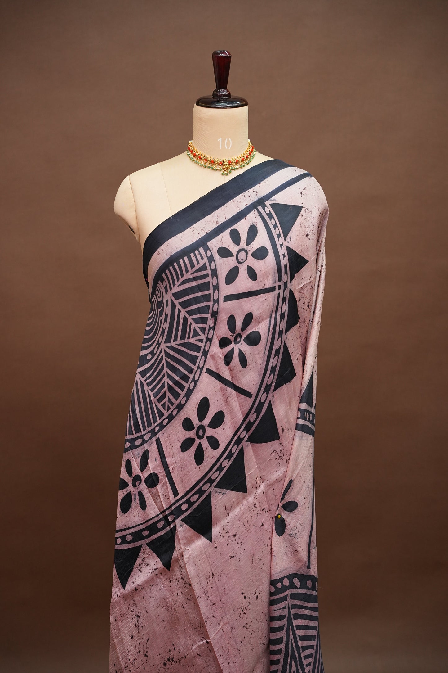 Pure Mulberry Silk Saree in Peach Pink with Handmade Tribal Block Print | Silk Mark Certified