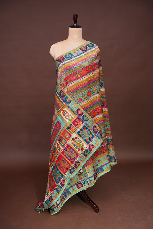 Kashmiri Pashmina Story Telling Banarasi Saree - Multicolor on Sea Green