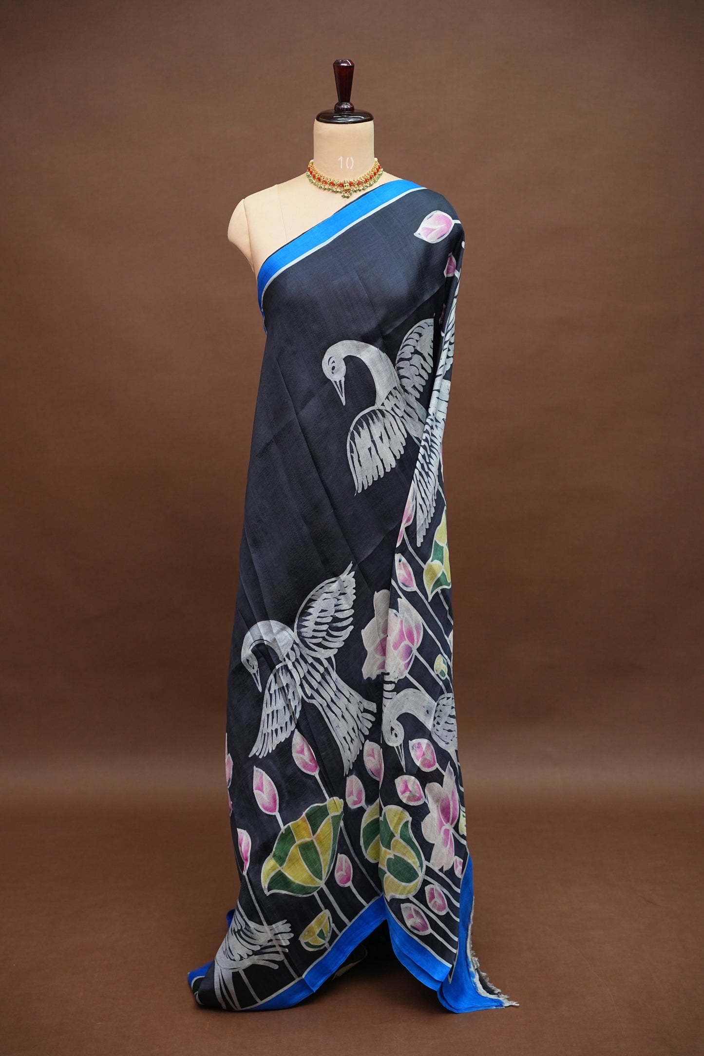 Pure Mulberry Silk Saree in Black with Crane & Lotus Batik Print | Silk Mark Certified