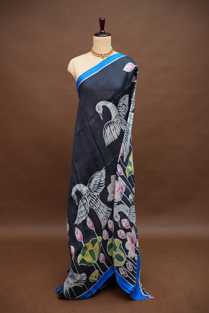 Pure Mulberry Silk Saree in Black with Crane & Lotus Batik Print | Silk Mark Certified
