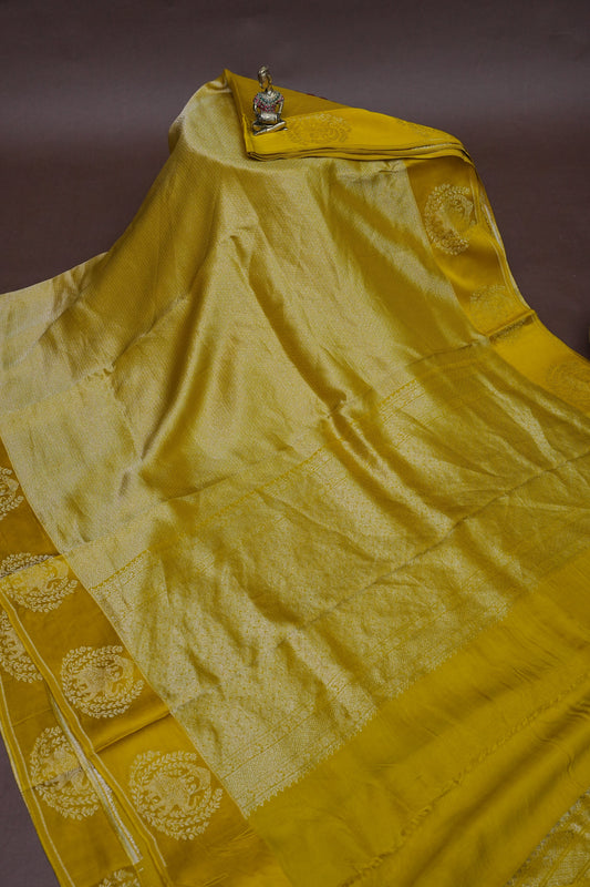 Sunshine Yellow Soft Banarasi Silk Saree with Traditional Elephant Motifs