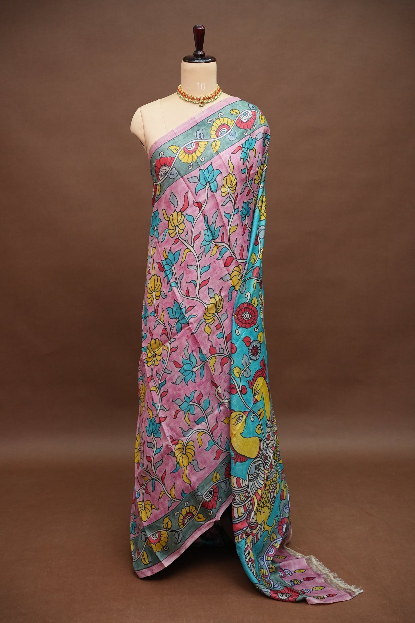 Pure Tussar Silk Saree in Pink & Aqua Blue with Hand Painted Pen Kalamkari Art | Silk Mark Certified