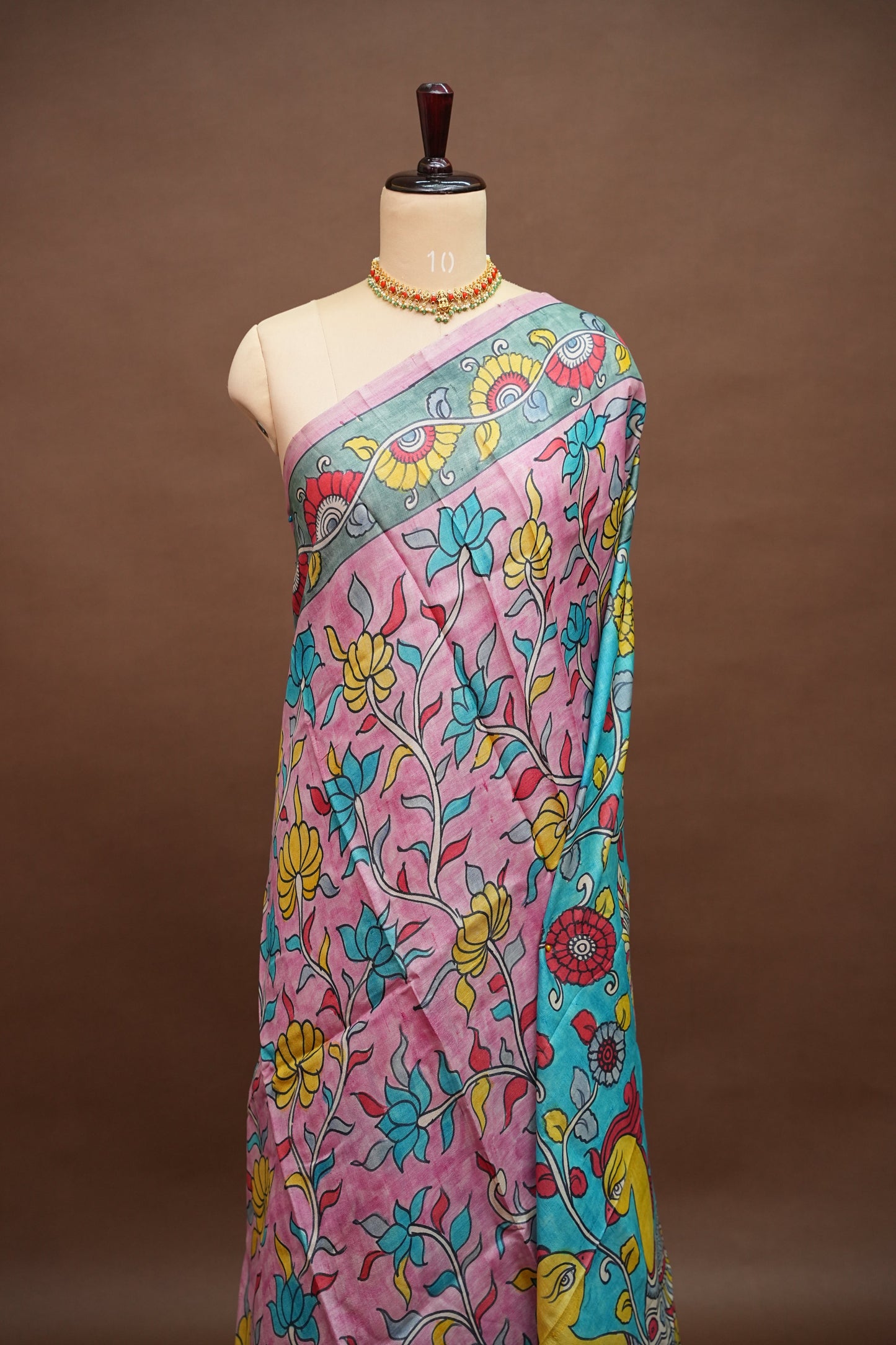 Pure Tussar Silk Saree in Pink & Aqua Blue with Hand Painted Pen Kalamkari Art | Silk Mark Certified