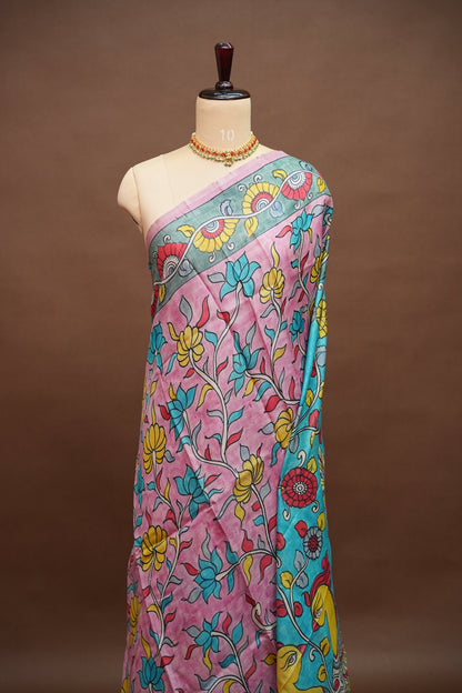 Pure Tussar Silk Saree in Pink & Aqua Blue with Hand Painted Pen Kalamkari Art | Silk Mark Certified
