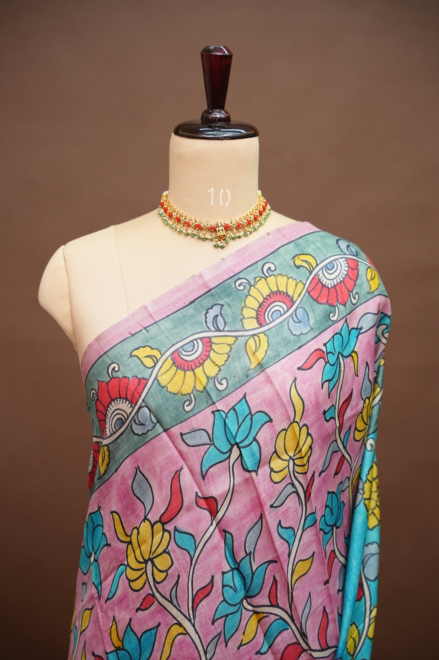 Pure Tussar Silk Saree in Pink & Aqua Blue with Hand Painted Pen Kalamkari Art | Silk Mark Certified