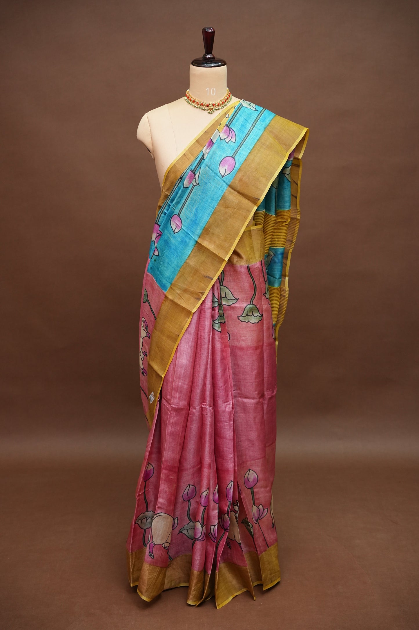 Pure Tussar Silk Saree in Rose Pink with Hand Painted Pen Kalamkari Pichwai Art | Silk Mark Certified