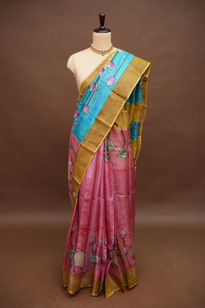Pure Tussar Silk Saree in Rose Pink with Hand Painted Pen Kalamkari Pichwai Art | Silk Mark Certified