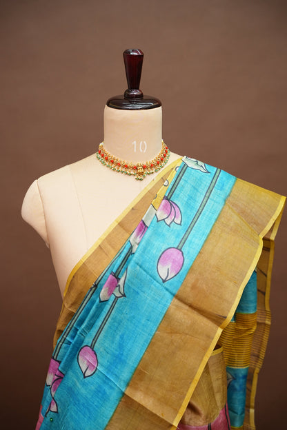 Pure Tussar Silk Saree in Rose Pink with Hand Painted Pen Kalamkari Pichwai Art | Silk Mark Certified